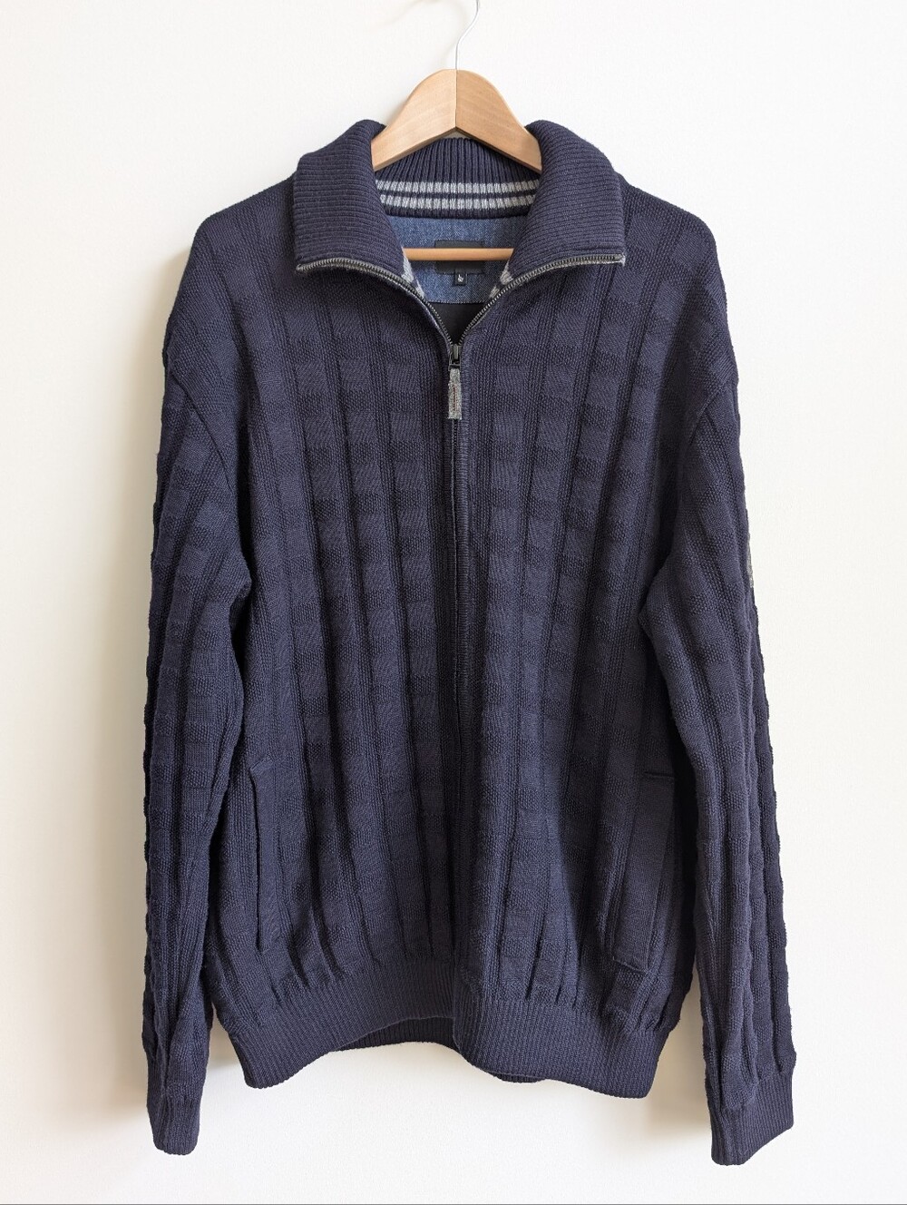 Belika Men's Large Wool Blend Thick Lined Sweater Jacket Dark Blue Made Poland